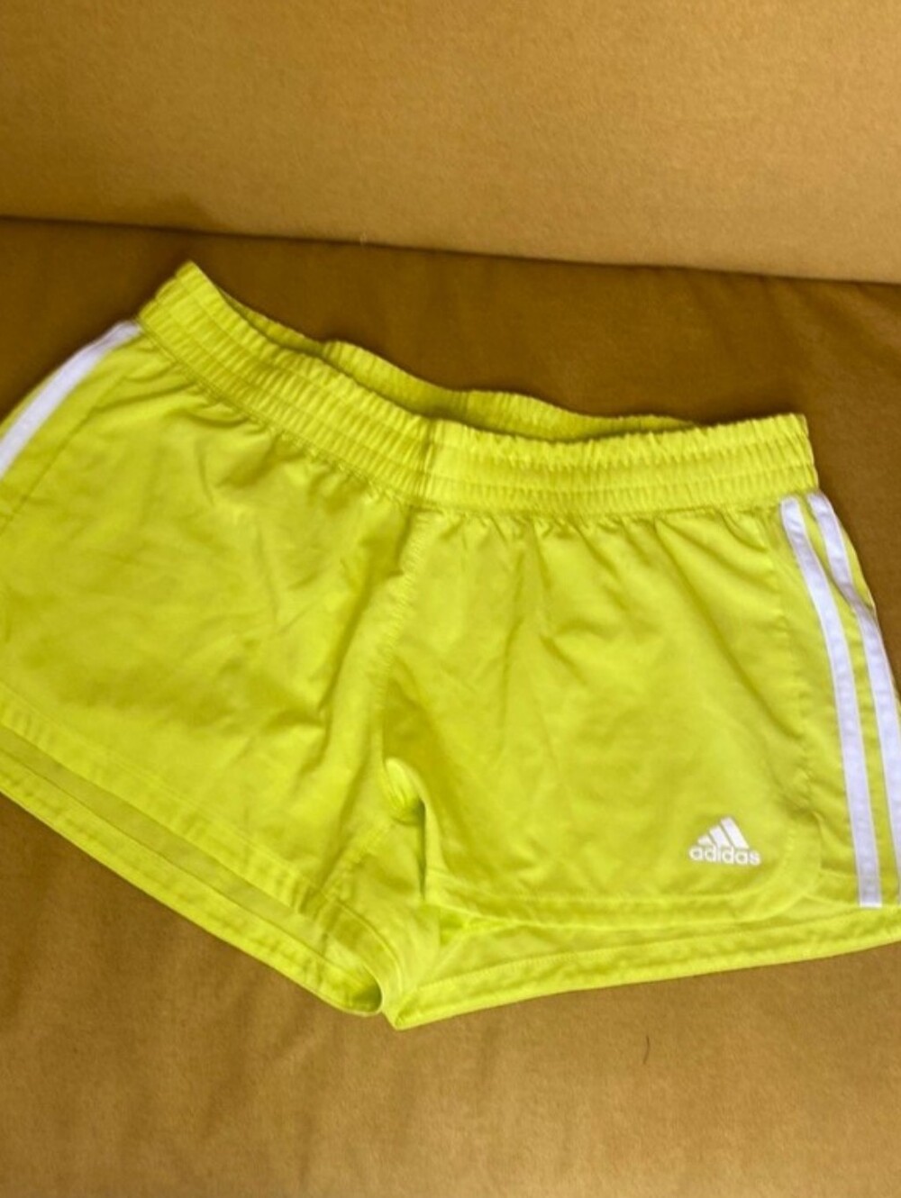 adidas Women’s Neon Yellow Athletic Shorts with White Stripes